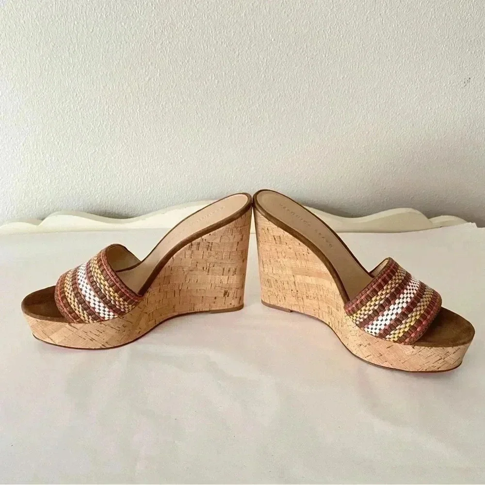 New W/ Box Veronica Beard Dali Multi Woven Raffia Leather Cork Wedge Sandal 9